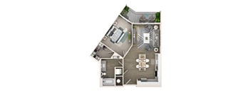 A top-down view of a house floor plan showing a living room, dining area, kitchen, and bathroom.