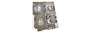 A top-down view of a modern apartment layout with a kitchen, living room, and bathroom.