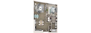 A top-down view of a small apartment layout with a kitchen, living room, and bathroom.