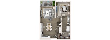 A top-down view of a modern apartment layout with a living room, kitchen, and dining area.