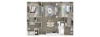 A top-down view of a modern apartment layout with a kitchen, living room, dining area, and bathroom.