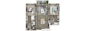 A top-down view of a house layout with a living room, kitchen, dining area, and bedrooms.