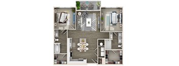 A top-down view of a small apartment layout with a kitchen, living room, and bathroom.