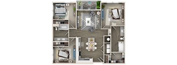A top-down view of a house layout with a kitchen, living room, dining room, and bedrooms.