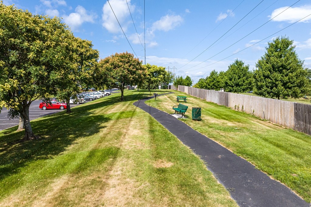 a path through a park with trees and a fence