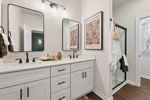 A bathroom with two sinks and a large mirror.