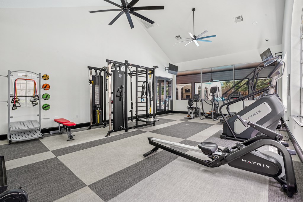 A gym with a variety of equipment including a treadmill, a bench, and a weight rack.