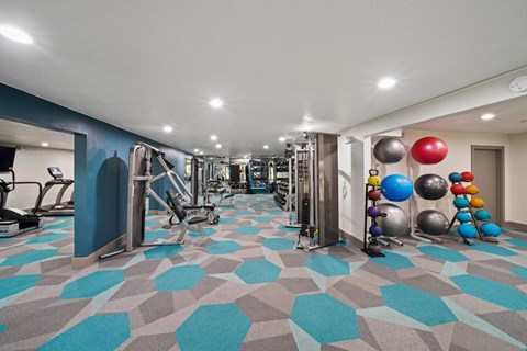 A gym with a variety of equipment and exercise balls.