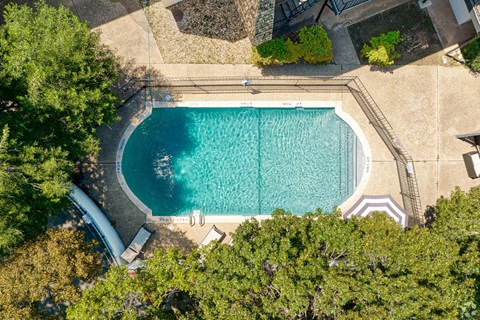 Ariel View of sparking pool surrounded by trees