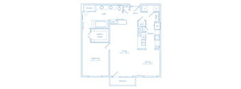 A blueprint of a house layout with a living room, dining room, kitchen, and bedrooms.