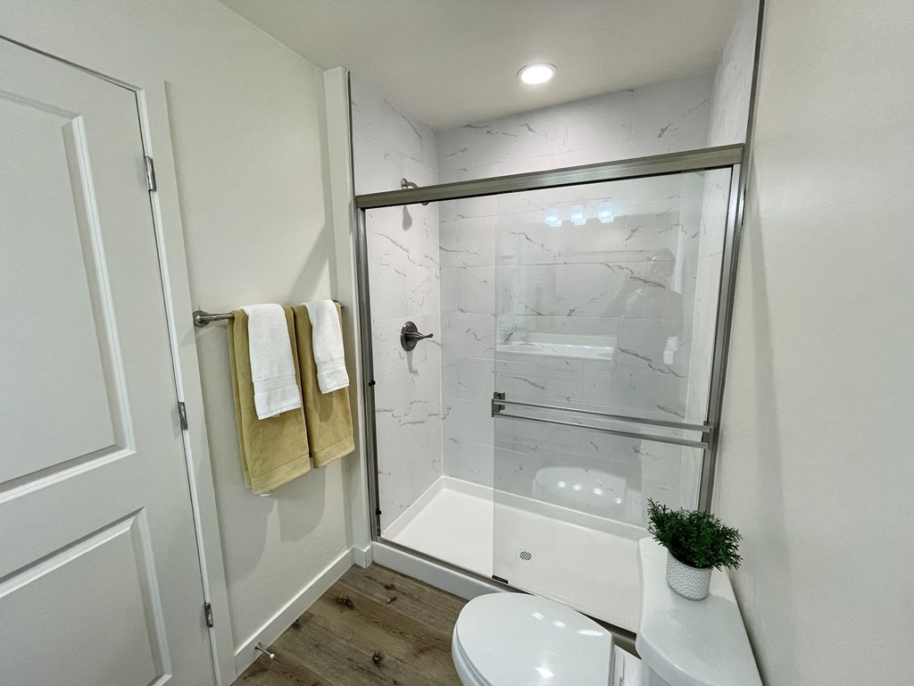a small bathroom with a shower and a toilet