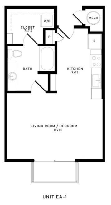 A black and white diagram of a floor plan for Unit EA-1.