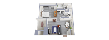 A top-down view of a modern apartment layout with a living room, kitchen, and bedroom.