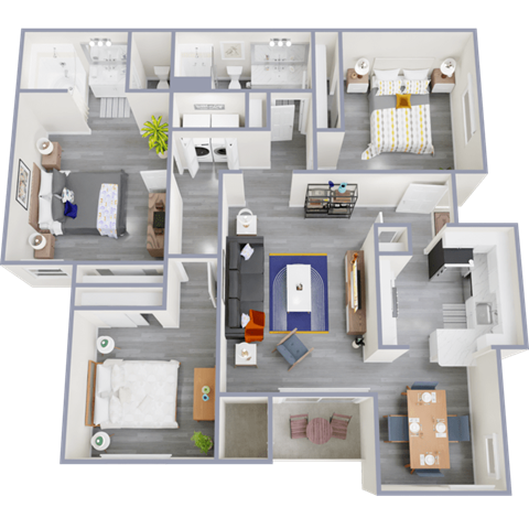 a 3d floor plan of a 3 bedroom apartment