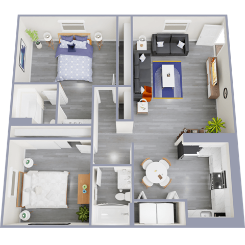 a 3d rendering of our 1 bedroom apartment at princeton court apartments in dallas