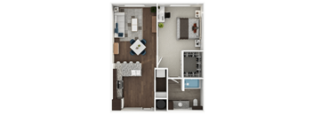A floor plan of a house with a living room, kitchen, and bathroom.