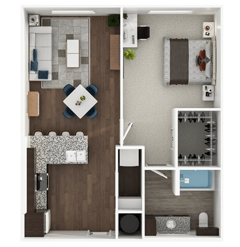 A floor plan of a house with a living room, kitchen, and bathroom.