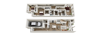 A top-down view of a two-story house layout with a garage and a living area.
