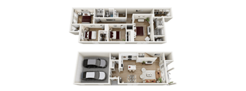 A white model of a house with two floors and a garage.