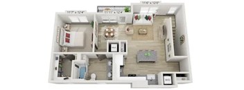 A floor plan of a house with a kitchen, living room, and two bedrooms.