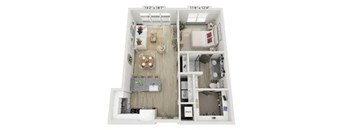 A dollhouse with a living room, kitchen, and bedroom.
