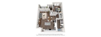 a stylized 3d floor plan with a bedroom and a living room
