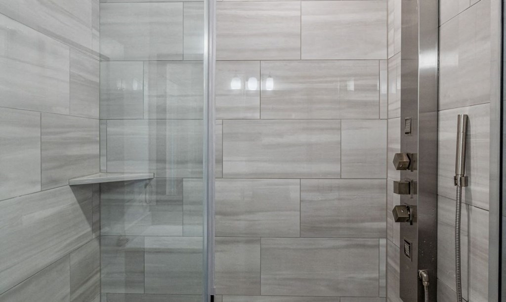 a bathroom with a shower and a glass door