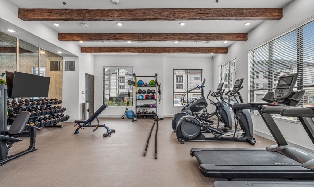 a gym with treadmills and other exercise equipment and windows