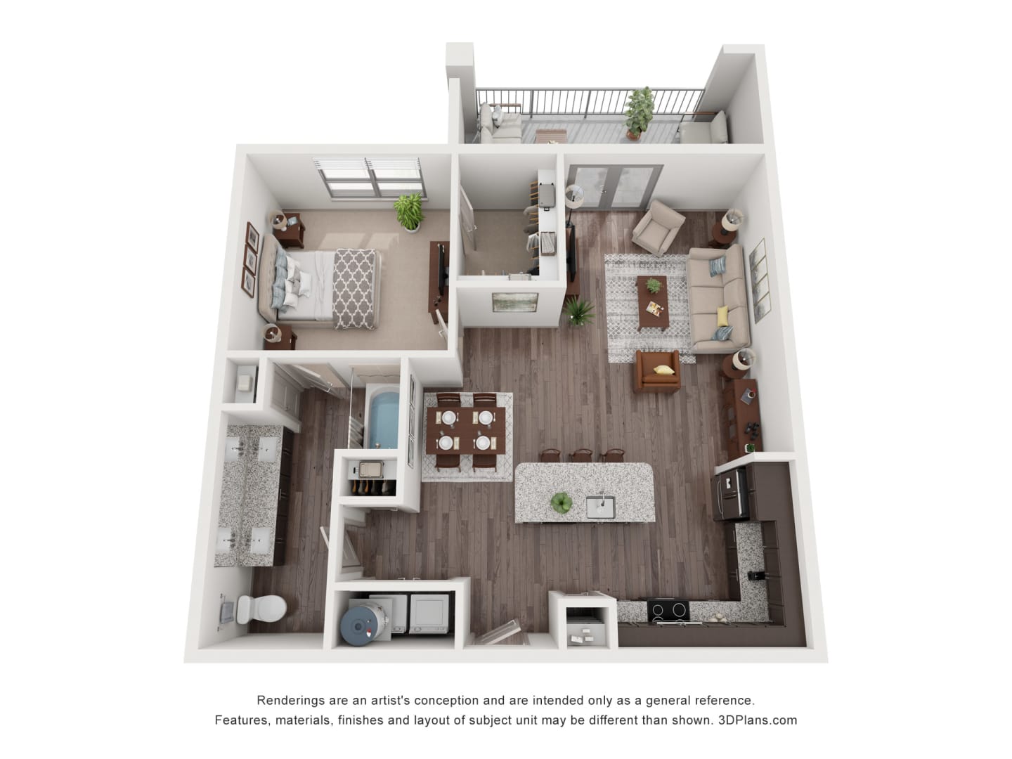 A 3D floor plan of a house with a kitchen, living room, and two bedrooms.