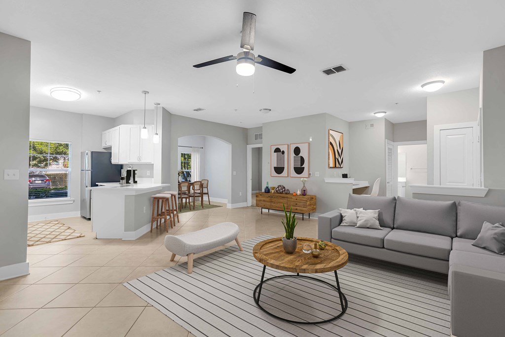 a living room with a couch and a table