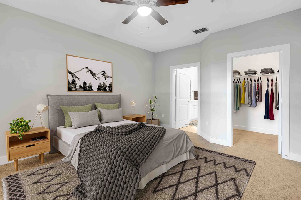 a bedroom with a bed and a closet