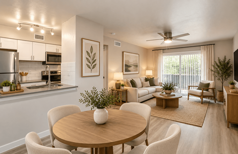 A modern kitchen with a dining table and chairs.