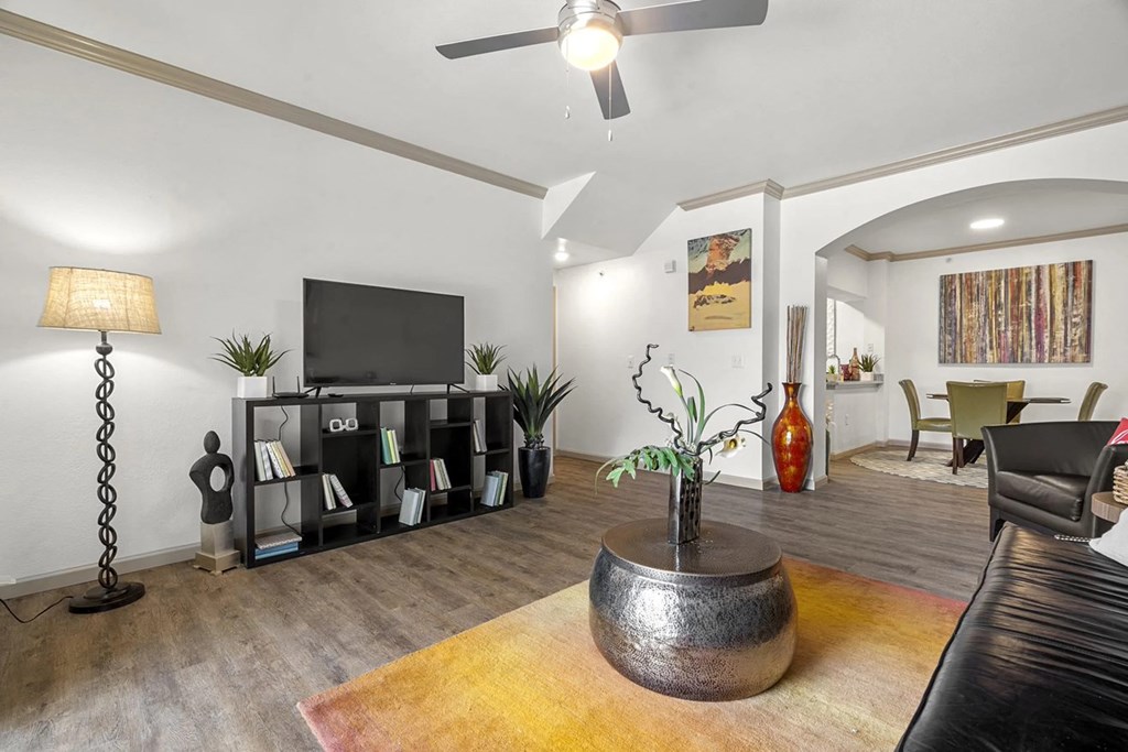 A living room with a television, a bookshelf, and a plant.