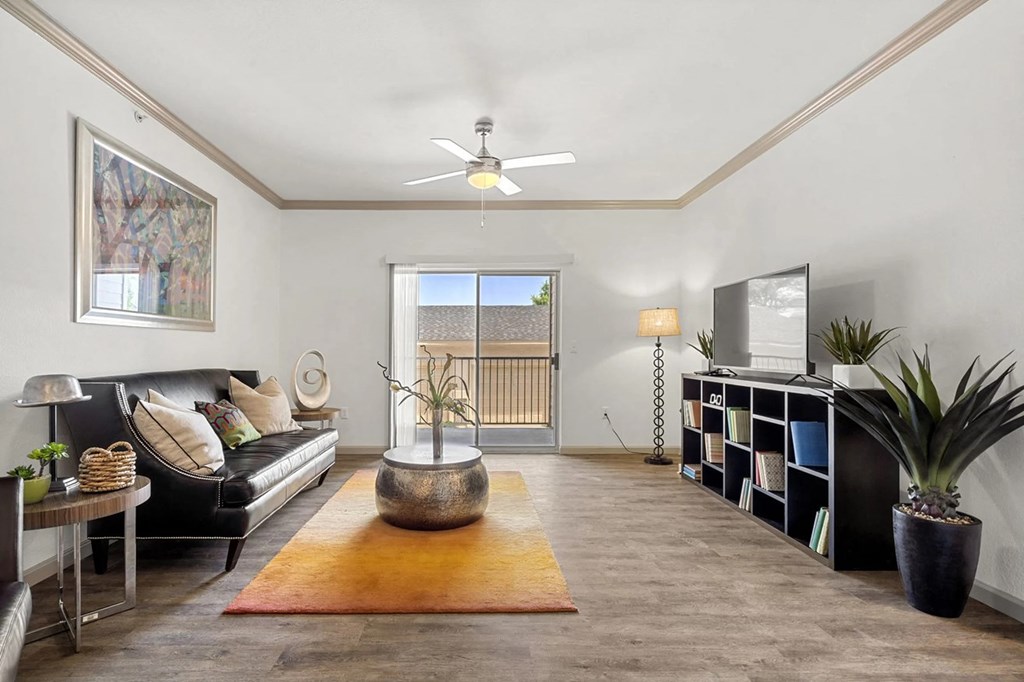 A living room with a couch, a rug, a ceiling fan, and a bookshelf.