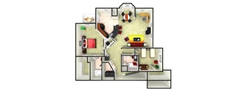A 3D rendered image of a house layout.