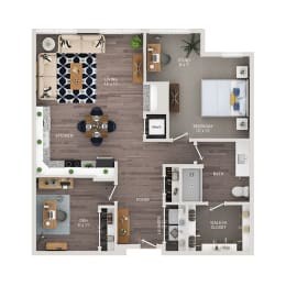 A floor plan of a house with a kitchen, living room, and two bedrooms.