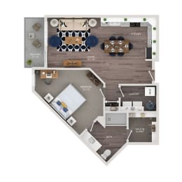A floor plan of a house with a living room, dining room, kitchen, and two bedrooms.