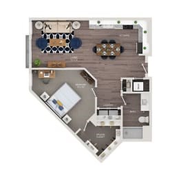 A floor plan of a house with a kitchen, living room, and two bedrooms.