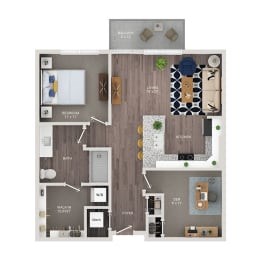 A floor plan of a house with a kitchen, living room, and two bedrooms.