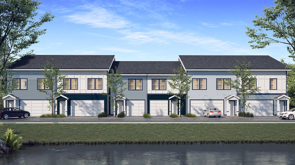 a rendering of a three story house with a river in the foreground