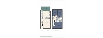 A floor plan of a house with a ground floor and first floor, including a kitchen, living room, and two bedrooms.