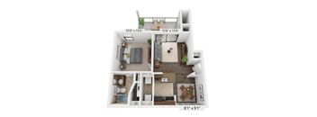 A 3D floor plan of a house with a living room, kitchen, and bathroom.