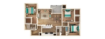 A 3D floor plan of a house with a kitchen, living room, and two bedrooms.