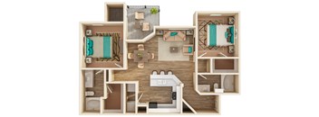 A 3D model of a house with various rooms and furniture.
