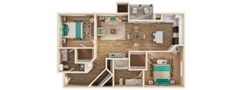 A 3D floor plan of a house showing a living room, kitchen, dining room, and bedrooms.