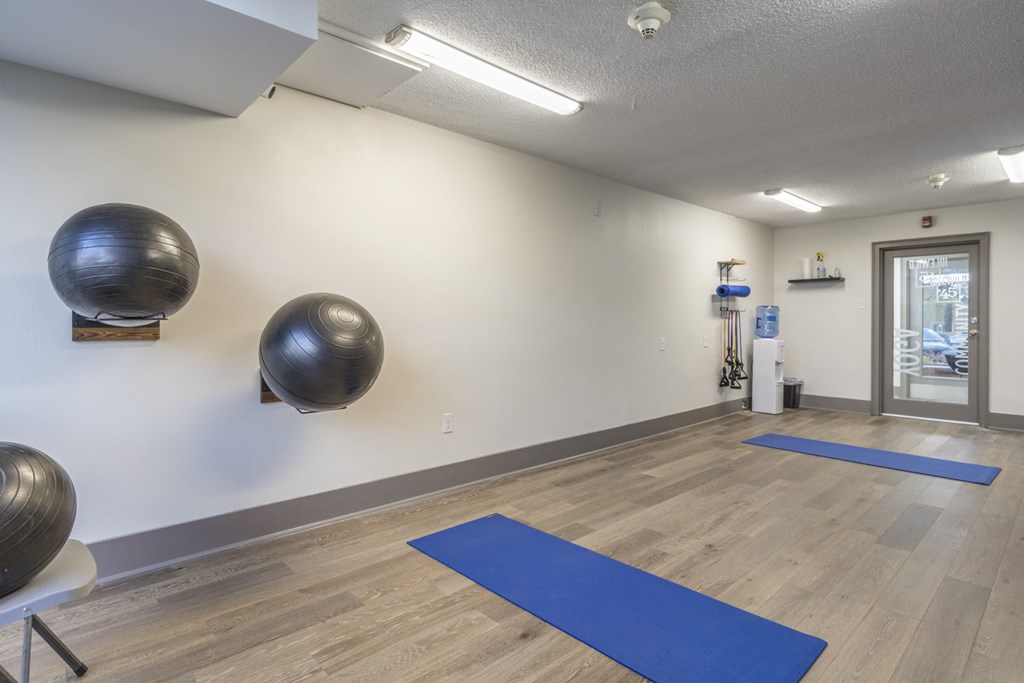 a yoga studio with yoga mats and exercise balls on the wall
