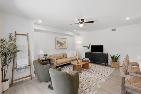A living room with a grey sofa, a wooden coffee table, a black TV, and a rug on the floor.