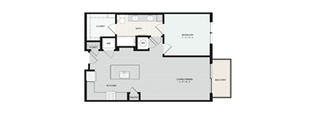 A floor plan of a house with a bedroom, living room, kitchen, pantry, and two closets.