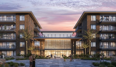 A modern apartment complex named Rivulone is depicted with people walking around the courtyard.