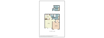 A floor plan of a house with a kitchen, living room, bedroom, and bathrooms.